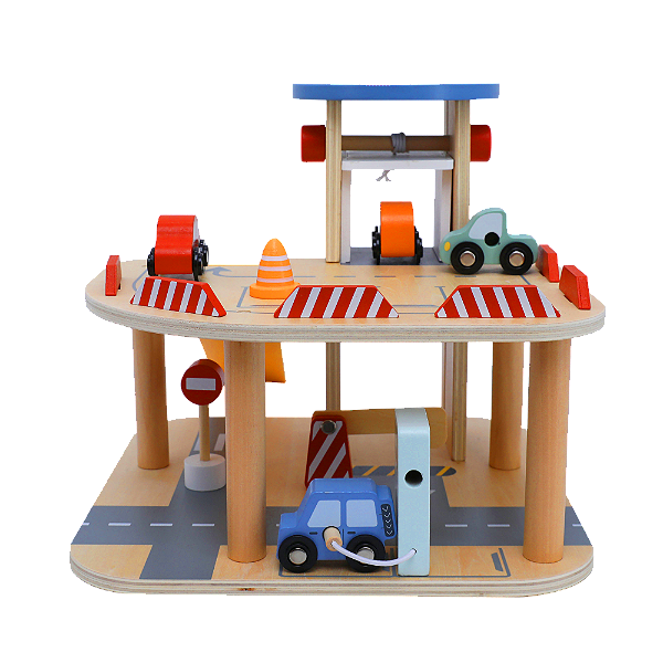 Estacione e Recarregue | Brinquedo de Estacionamento de Madeira com Elevador e Carrinhos