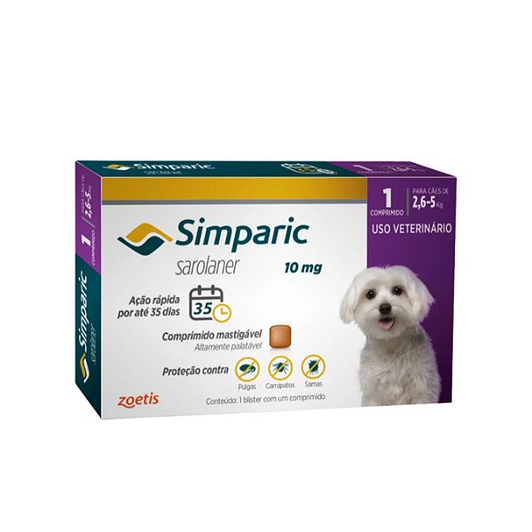 ANTIPULGAS SIMPARIC 10MG PARA CÃES DE 2,6 A 5KG