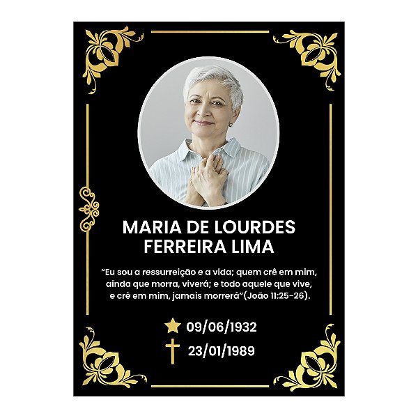 Placa Túmulo Lápide Foto Nome Datas Frase Dourado 20x28