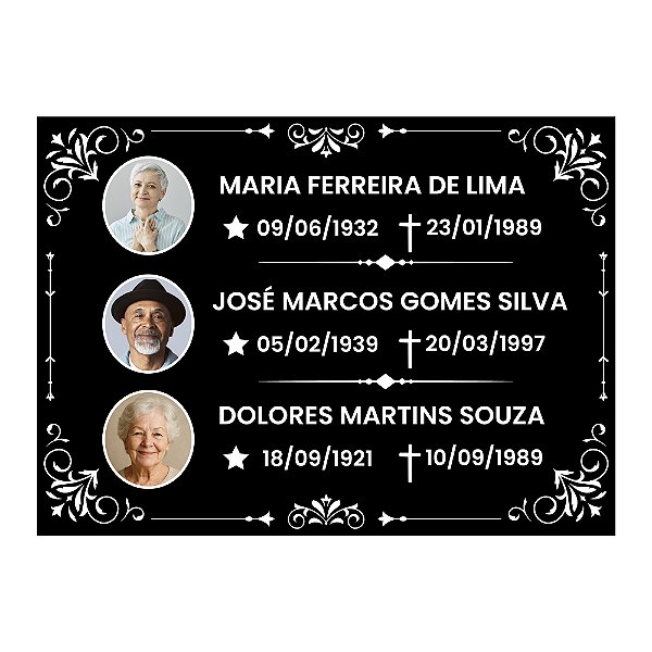 Placa Túmulo Lápide 3 Pessoas Foto Colorida Nome Datas 20x28