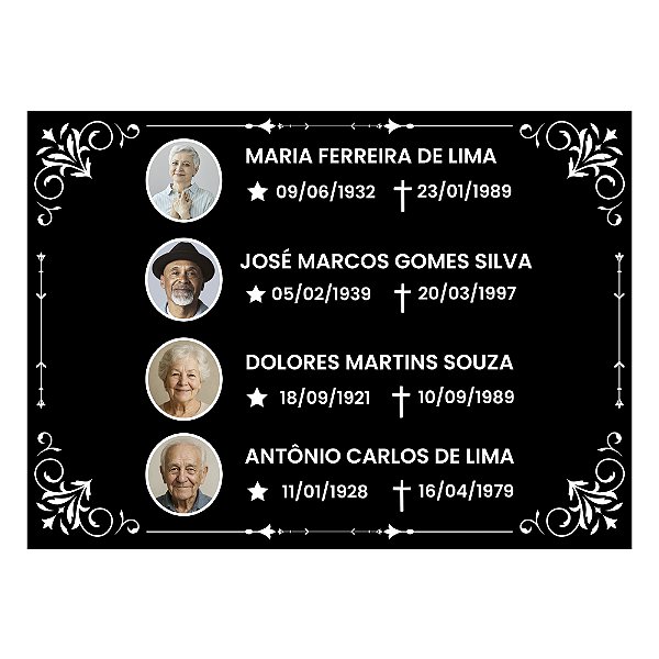 Placa Túmulo Lápide 4 Pessoas Foto Colorida Nome Datas 20x28