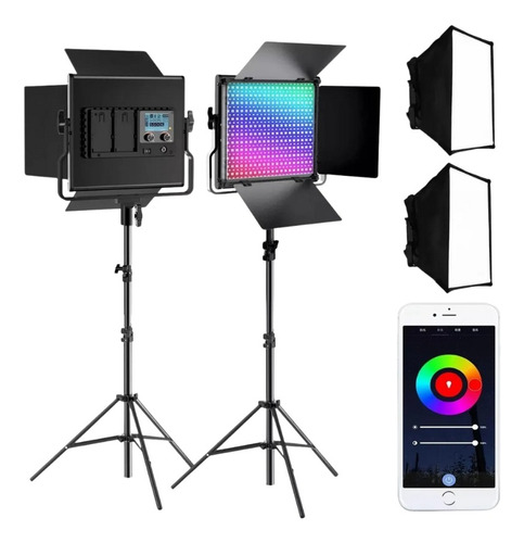 Kit Iluminação 2x Painéis Led Greika Ll550rp Rgb Com Softbox Preto Rgb