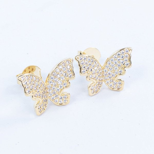 BRINCO DE BORBOLETA DE ZIRCÔNIAS ANTIALÉRGICO COM BANHO DE OURO 18K