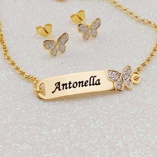 KIT PERSONALIZADO PULSEIRA E BRINCO DE BORBOLETA BEBÊ/INFANTIL