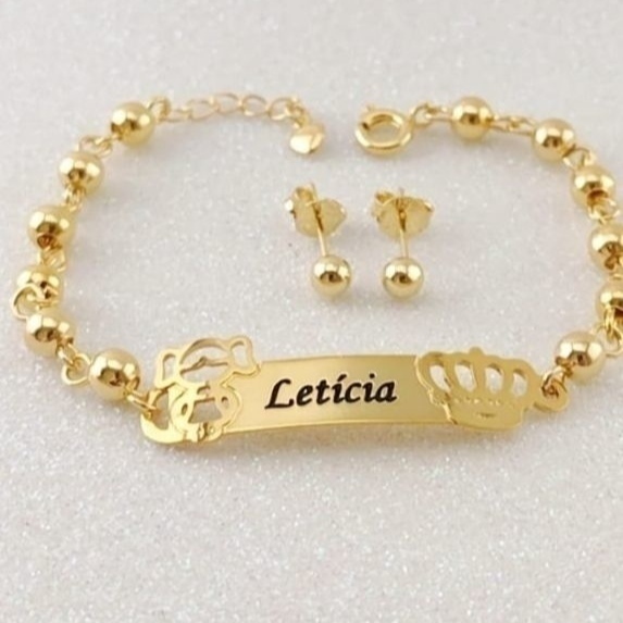 KIT PERSONALIZADO PULSEIRA + BRINCO DE BOLINHA INFANTIL/BEBÊ