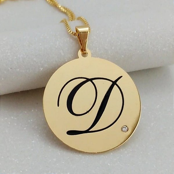 COLAR PERSONALIZADO MEDALHA COM INICIAL DO NOME E PONTO DE LUZ SEMIJOIA