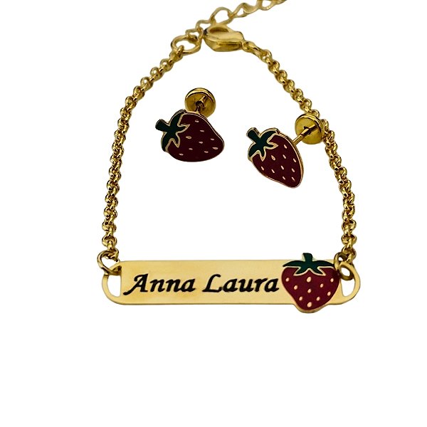 KIT INFANTIL/BEBÊ PERSONALIZADO PULSEIRA + BRINCO MORANGO