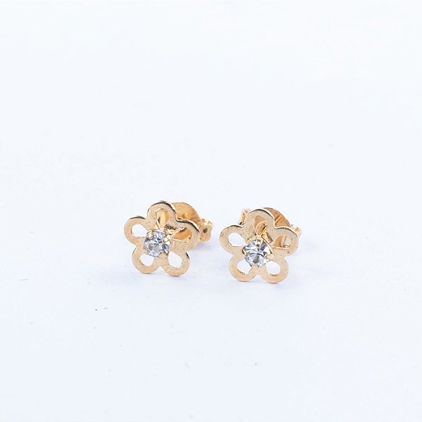 BRINCO INFANTIL FLOR COM ZIRCÔNIA SEMIJOIA COM BANHO DE OURO 18K