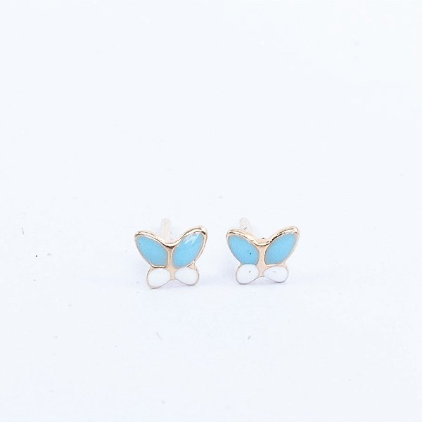 BRINCO INFANTIL DE BORBOLETA AZUL E BRANCA COM TARRAXA BABY SEMIJOIA COM BANHO DE OURO 18K