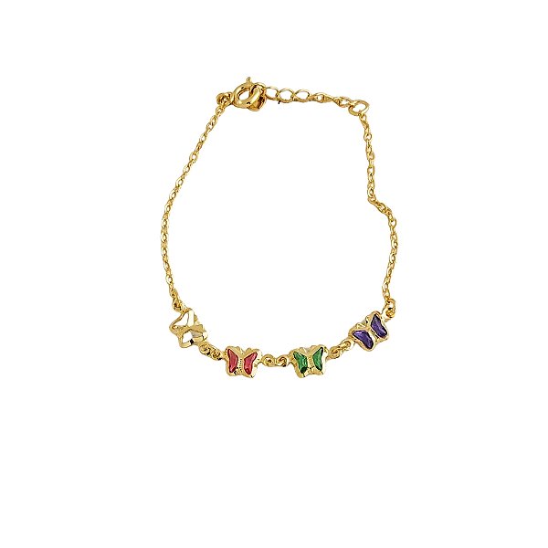 PULSEIRA INFANTIL DE BORBOLETAS COLORIDAS 14,5CM + 03,5CM DE EXTENSOR COM BANHO DE OURO 18K