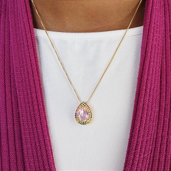 COLAR ZIRCÔNIA ROSA EM FORMATO DE GOTA - CORRENTE VENEZIANA 40CM + 5CM