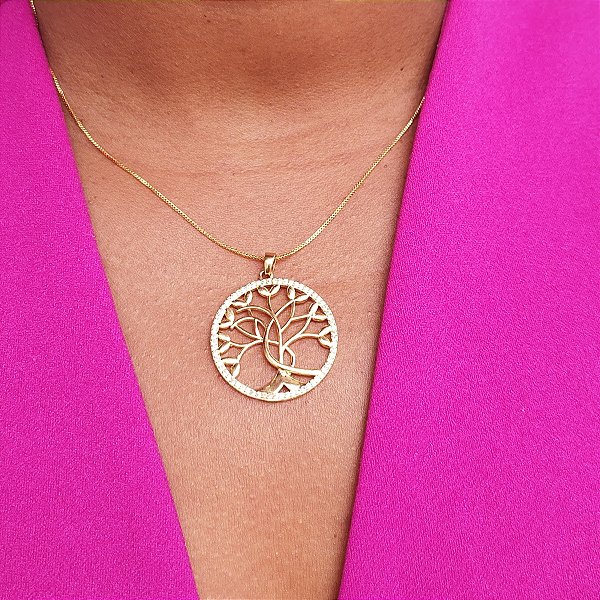COLAR ÁRVORE DA VIDA CRAVEJADO DE ZIRCÔNIAS SEMIJOIA COM BANHO DE OURO 18K