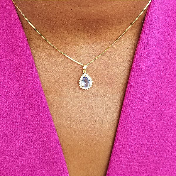 COLAR PINGENTE GOTA ZIRCÔNIA ROXA SEMIJOIA COM BANHO DE OURO 18K