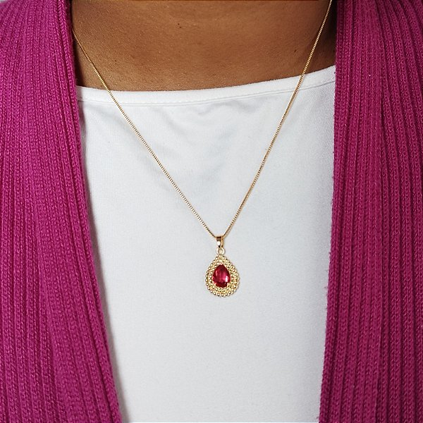 COLAR PINGENTE GOTA ZIRCÔNIA  VERMELHA SEMIJOIA COM BANHO DE OURO 18K
