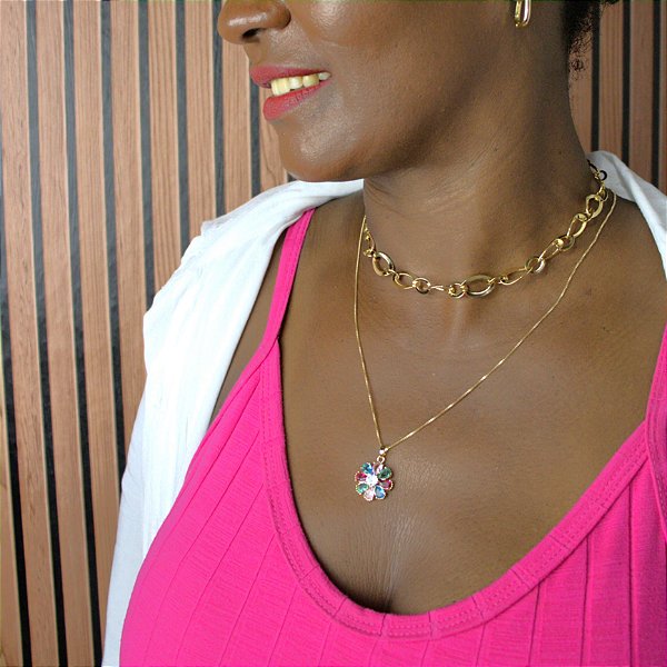 COLAR FLOR DE ZIRCÔNIAS PEDRAS COLORIDAS COM CORRENTE VENEZIANA SEMIJOIA