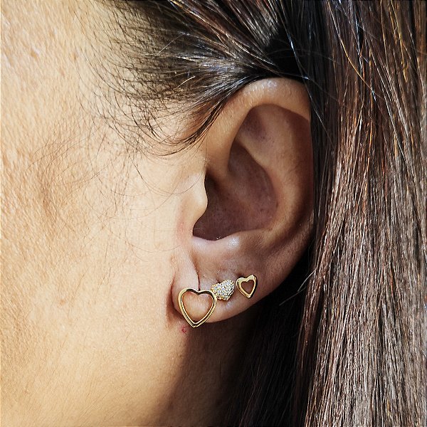 TRIO BRINCOS DE CORAÇÕES SEMIJOIA ANTIALÉRGICA BANHO DE OURO 18K