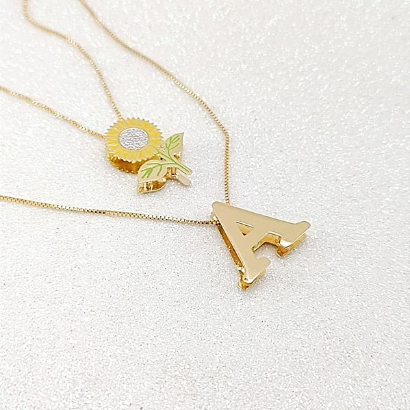 COLAR DUPLO PERSONALIZADO LETRA INICIAL + PINGENTE SEMIJOIA BANHO DE OURO 18K