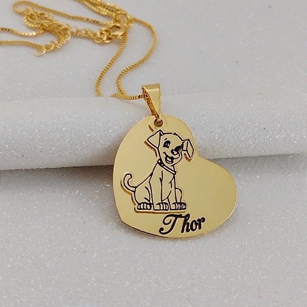 COLAR PERSONALIZADO CORAÇÃO BICHO DE ESTIMAÇÃO E NOME SEMIJOIA BANHO DE OURO 18K