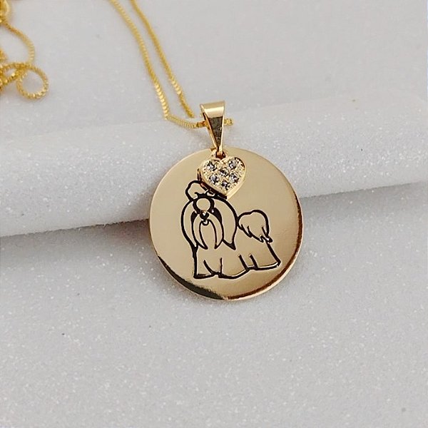 COLAR PERSONALIZADO MEDALHA BICHO DE ESTIMAÇÃO E PINGENTE DE CORAÇÃO SEMIJOIA BANHO DE OURO 18K