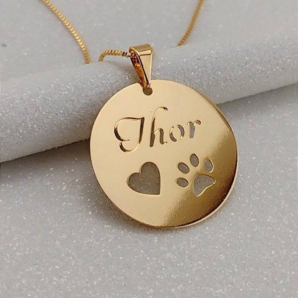COLAR PERSONALIZADO MEDALHA BICHO DE ESTIMAÇÃO (NOME E DESENHO) SEMIJOIA BANHO DE OURO 18K