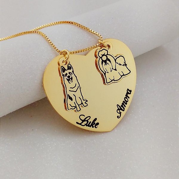 COLAR PERSONALIZADO CORAÇÃO COM BICHOS DE ESTIMAÇÃO E NOMES SEMIJOIA