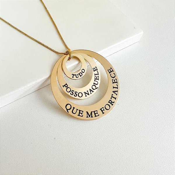 COLAR PERSONALIZADO CÍRCULOS COM FRASE RELIGIOSA SEMIJOIA BANHO DE OURO 18K