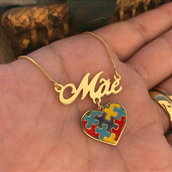 COLAR PERSONALIZADO CORAÇÃO DO AUTISMO TEA COM NOME OU PALAVRA SEMIJOIA BANHO DE OURO 18K