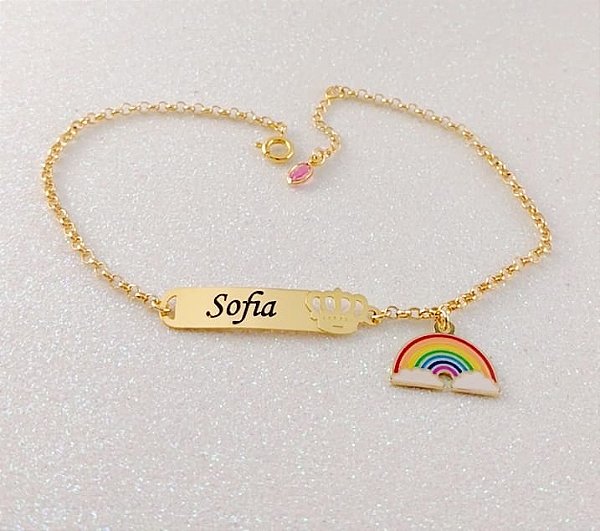 PULSEIRA INFANTIL MENINA PERSONALIZADO COM NOME E PINGENTE SEMIJOIA BANHO DE OURO 18K
