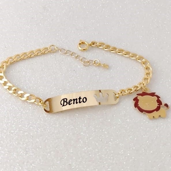 PULSEIRA INFANTIL MENINO PERSONALIZADO COM NOME E PINGENTE SEMIJOIA BANHO DE OURO 18K