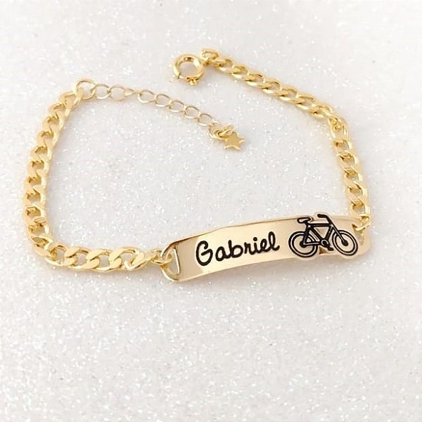 PULSEIRA INFANTIL MENINO PERSONALIZADO COM NOME E DESENHO SEMIJOIA BANHO DE OURO 18K