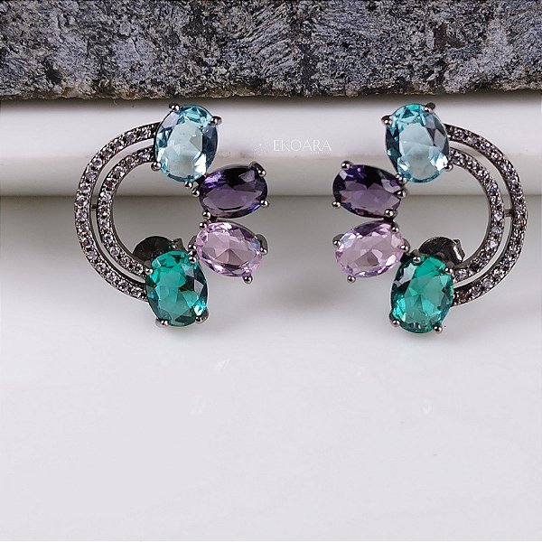 BRINCO RÓDIO NEGRO COM 4 PEDRAS DE ZIRCÔNIAS COLORIDAS SEMIJOIA