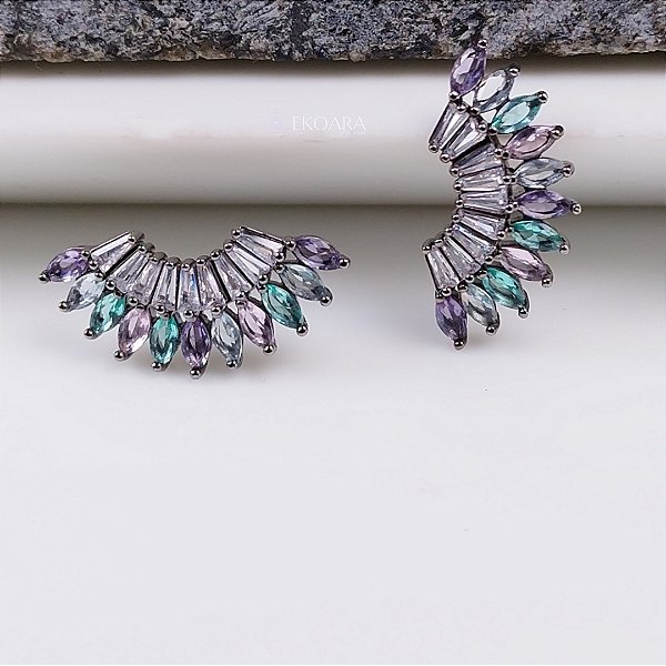 BRINCO LU RÓDIO NEGRO EAR CUFF ZIRCÔNIAS COLORIDAS SEMIJOIA