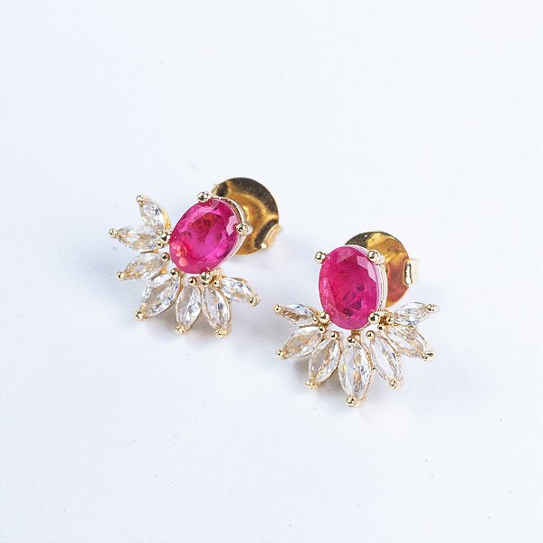 BRINCO FORMATO LEQUE COM PEDRA DE ZIRCÔNIA ROSA E CRISTAL NAVETE SEMIJOIA