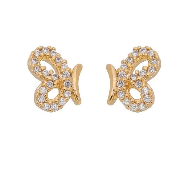 BRINCO DE BORBOLETA PEQUENA COM ZIRCÔNIAS SEMIJOIA COM BANHO DE OURO 18K