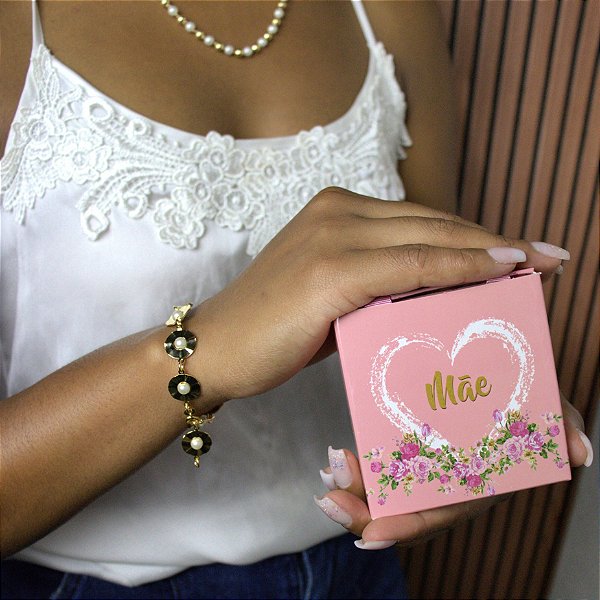 PULSEIRA FLOR COM PÉROLA SEMIJOIA COM BANHO DE OURO 18K