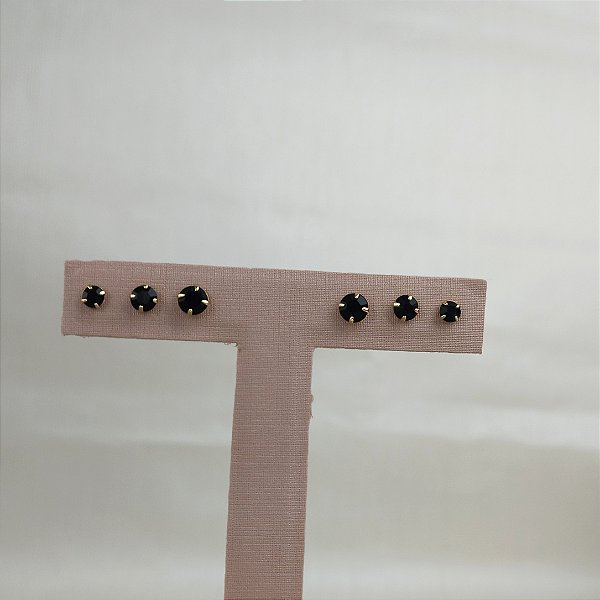 TRIO BRINCO DE ZIRCÔNIA PRETA SEMIJOIA BANHO DE OURO 18K