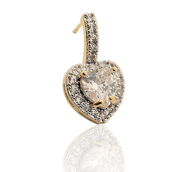 Brinco pedra coração cravejado de zircônias no contorno banhado ouro
