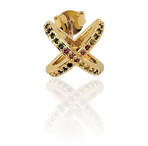 Brinco X-3D com zircônias coloridas banhado ouro