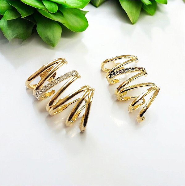 Brinco zigzag ear hook com zircônias banhado ouro