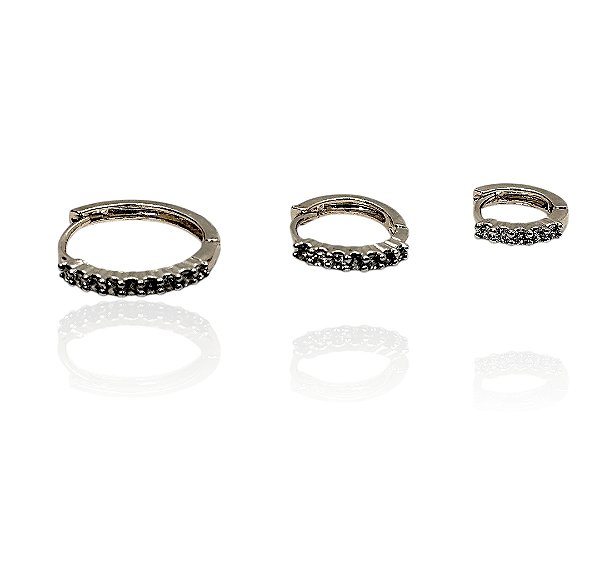 Conjunto brinco 3 argolas 10mm, 13mm, 17mm cravejado banhado prata