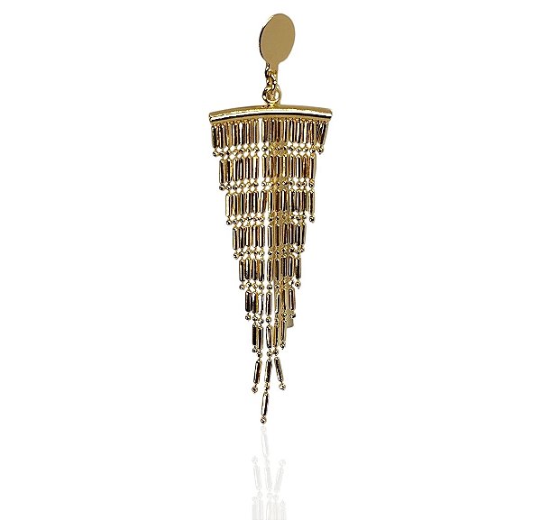Brinco franja triangular malha palito base redonda banhado ouro