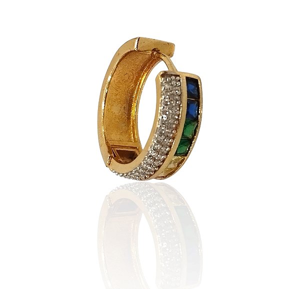 Brinco argola cravejado zircônias cristais e coloridas banhado ouro