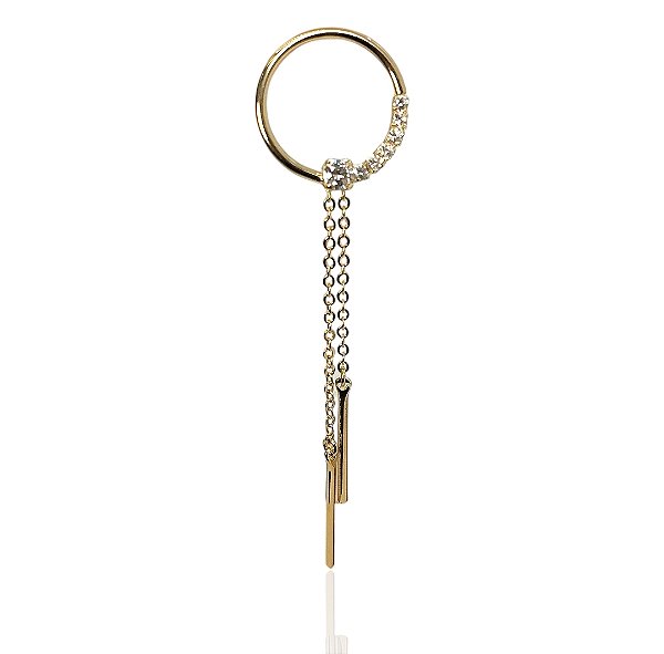 Brinco pendulo aro cravejado e 2 correntes zircônias banhado ouro