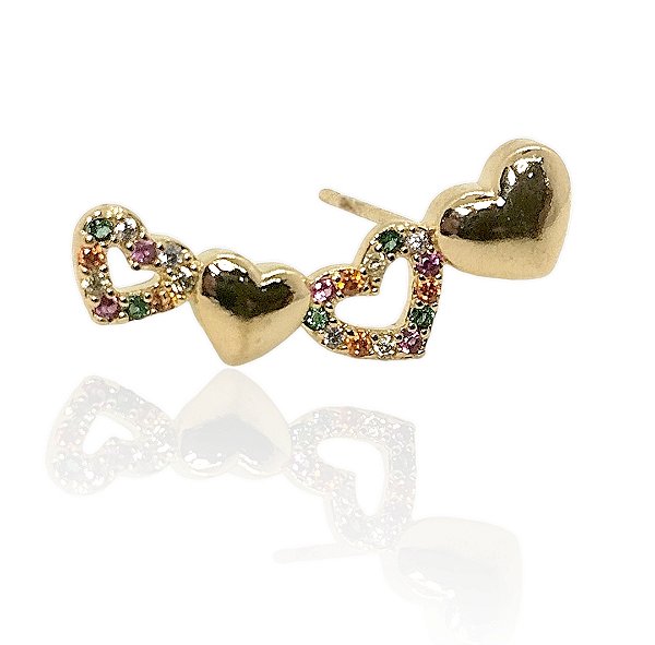 Brinco 2 corações maciços e 2 cravejados coloridos banhado ouro