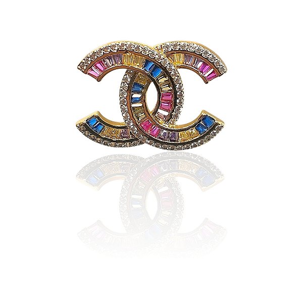 Brinco duplo C um para cada lado cravejado colorido banhado ouro