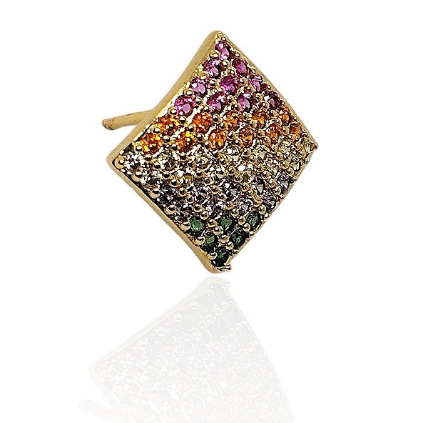 Brinco losango convexo cravejado colorido banhado ouro