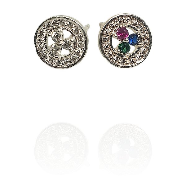 Brinco círculo 3 zircônias centrais colorido ou cristal banhado prata