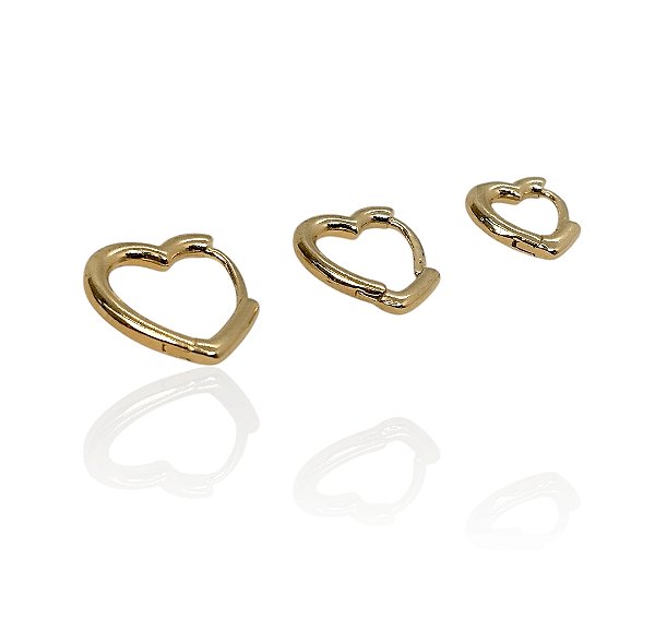 Conjunto brinco 3 argolas coração 9mm,11mm,13mm banhado ouro