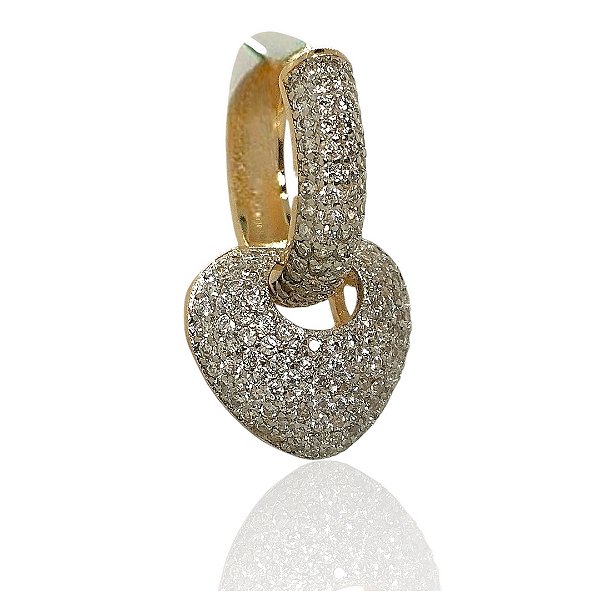 Brinco pendulo argola e coração cravejados banhado ouro