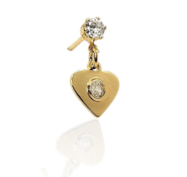 Brinco pendulo ponto de luz e coração com zircônia central banhado ouro
